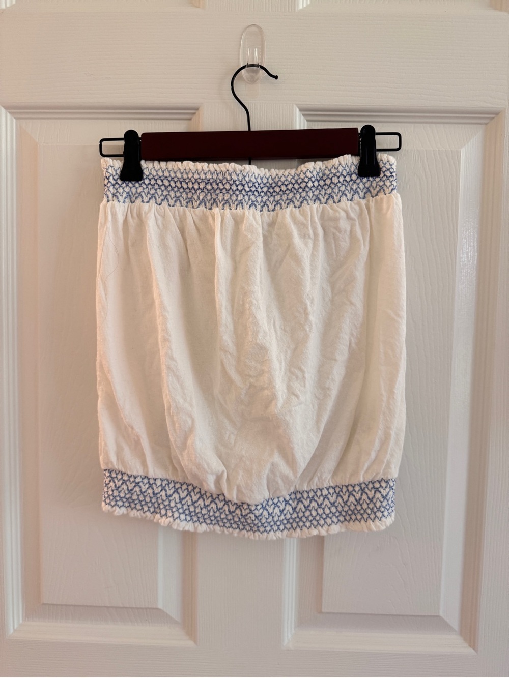 Anthropologie White Smocked Tube Top with Blue Stitching